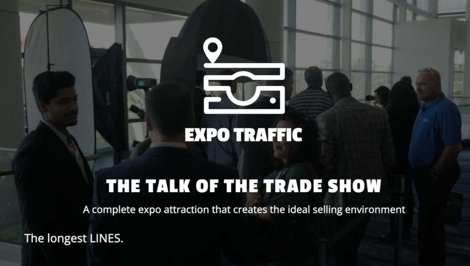 Trade show booth line at an Anaheim convention — exhibitors engaging the queue